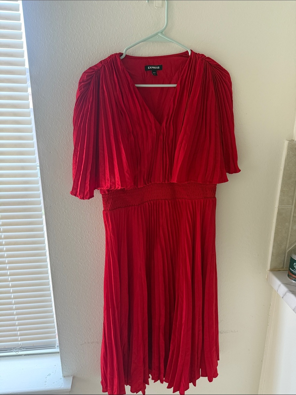 Express Red Pleated V-Neck Midi Dress